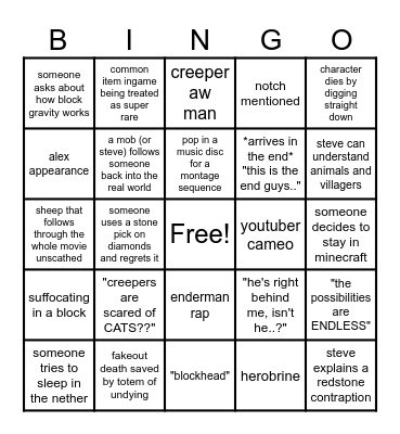 minecraft movie Bingo Card