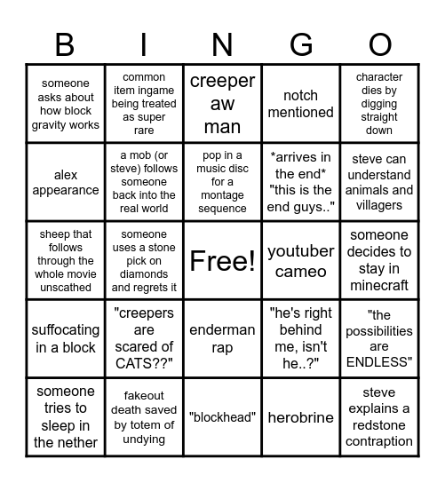 minecraft movie Bingo Card