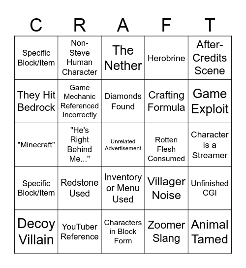 Minecraft Movie Bingo Card