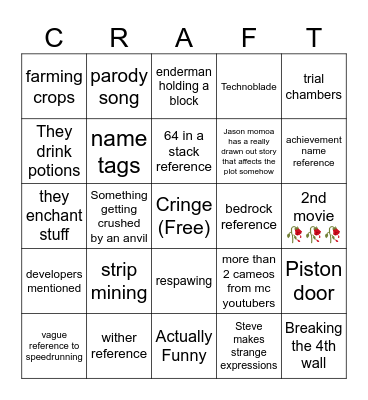 Minecraft movie bingo Card