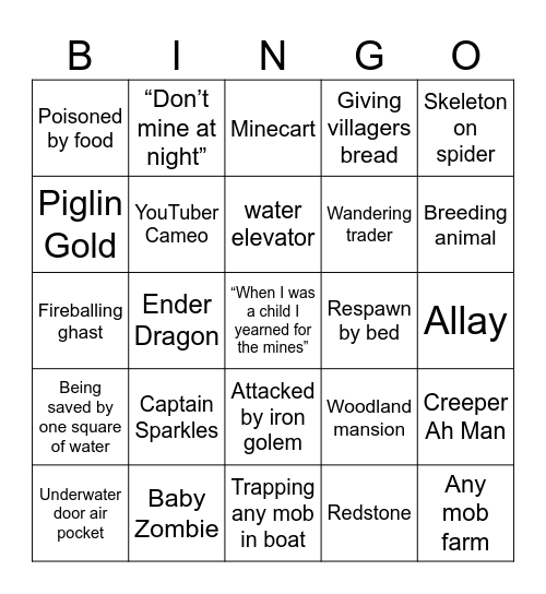 Minecraft Bingo Card