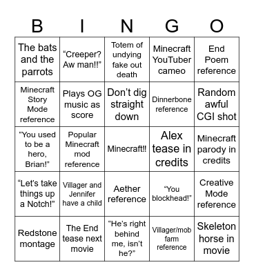 Minecraft Movie Bingo Card