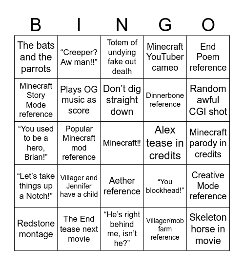 Minecraft Movie Bingo Card