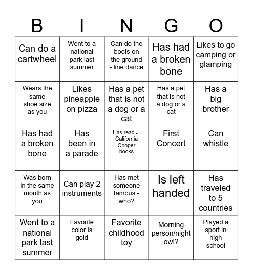 Meet and Greet 2 Bingo Card