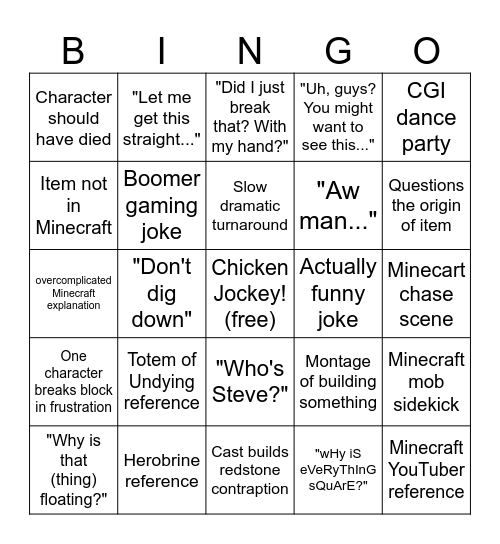 Minecraft Movie Bingo Card