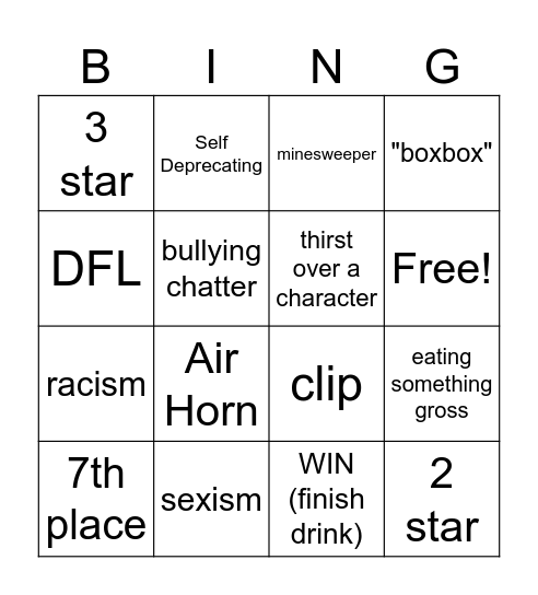 Evan TFT Bing (every square is a drink btw) Bingo Card