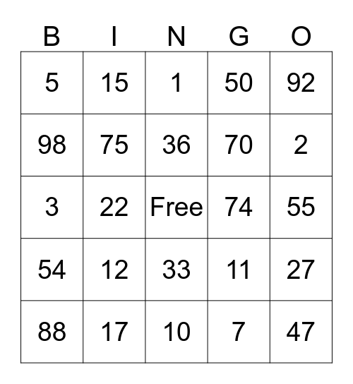 Hundred Chart Bingo Card