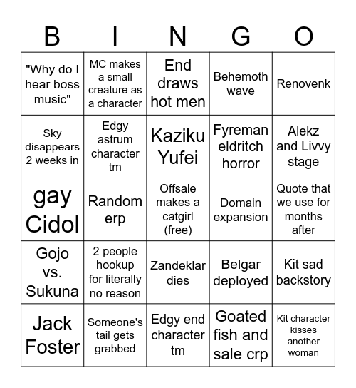 Astral roleplay bingo Card