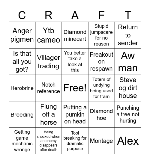 Minecraft movie Bingo Card