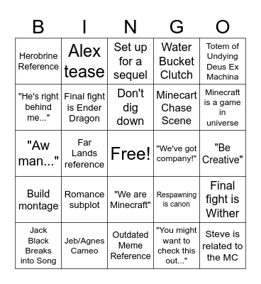 A Minecraft Movie Bingo Card