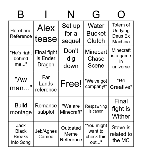 A Minecraft Movie Bingo Card