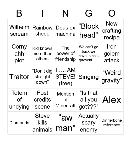 Minecraft movie Bingo Card
