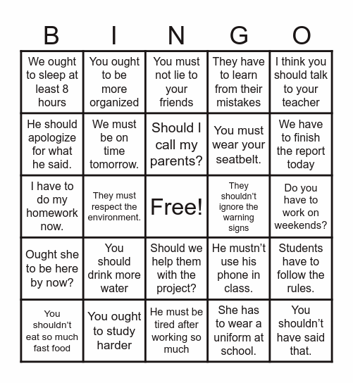 ADVICES AND OBLIGATIONS Bingo Card