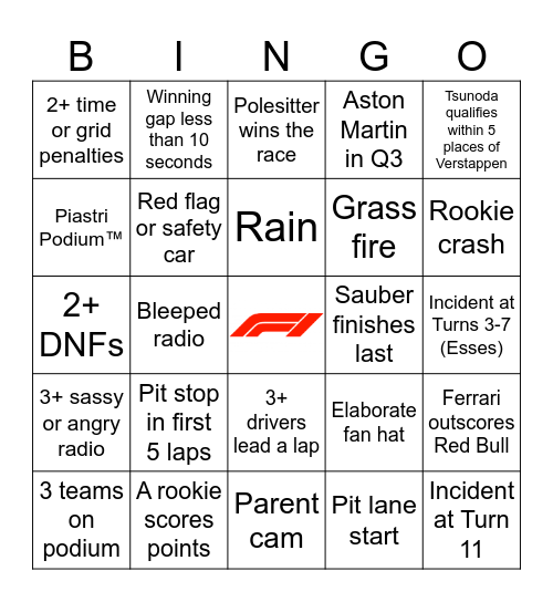 F1 Bingo - Japan 2025 Bingo Card