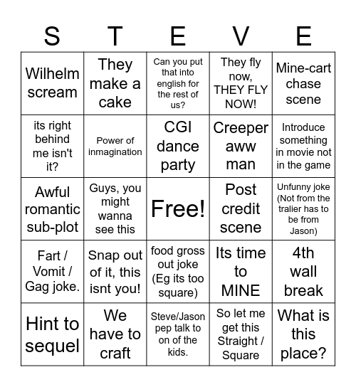 Minecraft Movie Bingo Card