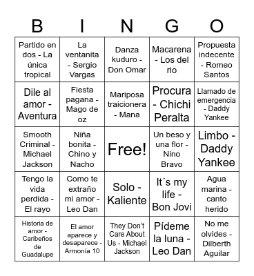 Bingo Musical Bingo Card