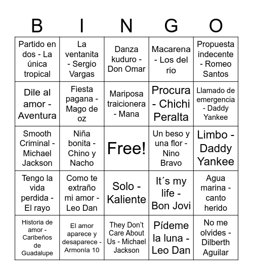 Bingo Musical Bingo Card