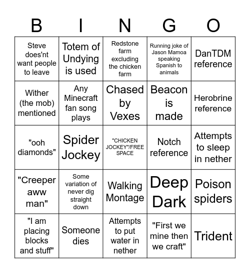 Minecraft Movie Bingo Card