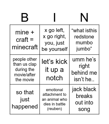 Minecraft Movie Bingo Card