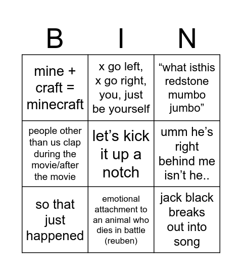 Minecraft Movie Bingo Card