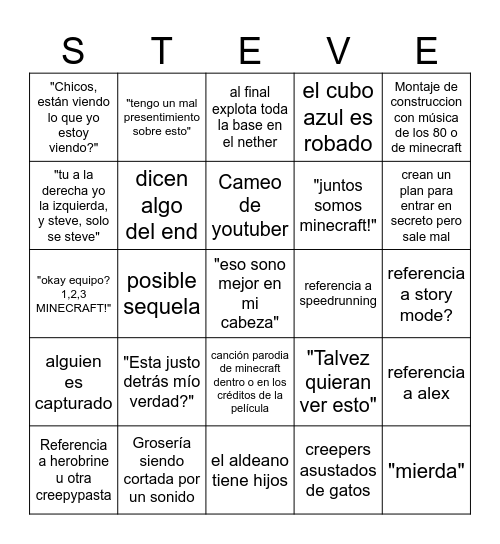 Minecraft Pelicula Bingo Card