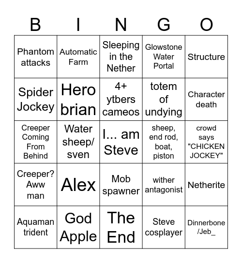 MINECRAFT MOVIE Bingo Card