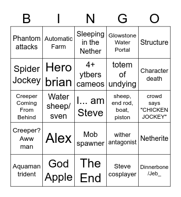 MINECRAFT MOVIE Bingo Card