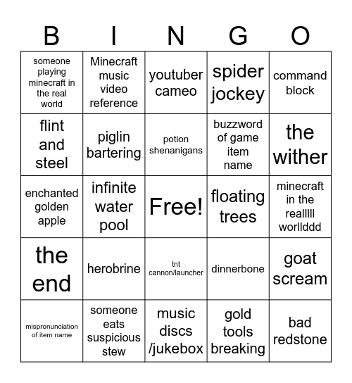 minecraft bingo Card