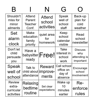 Attendance Tips Bingo Card