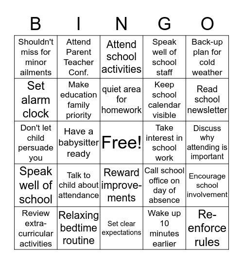 Attendance Tips Bingo Card