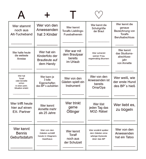 Hochzeits-Bingo :-) Lernt euch kennen Bingo Card