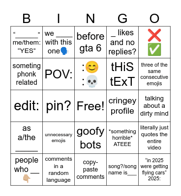 youtube shorts Bingo Card