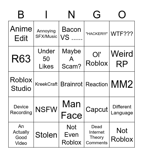 Roblox Youtube Shorts Bingo Card