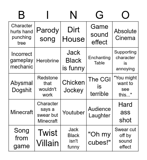 Minecraft Movie Bingo Card