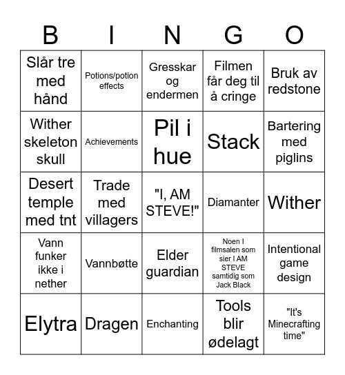 Minecraft movie bingo Card