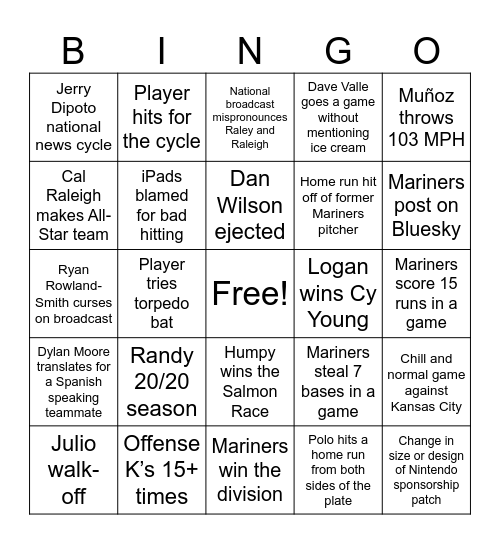 2025 Seattle Mariners Bingo Card