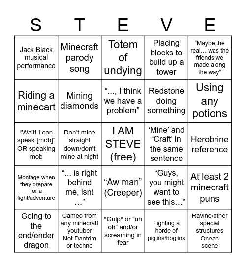 MINECRAFT MOVIE BINGO Card