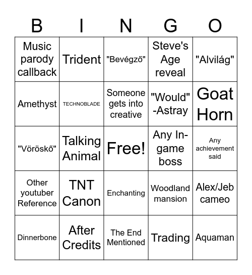 A minecraft movie bingo Card