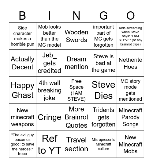 Minecraft Movie Bingo Card