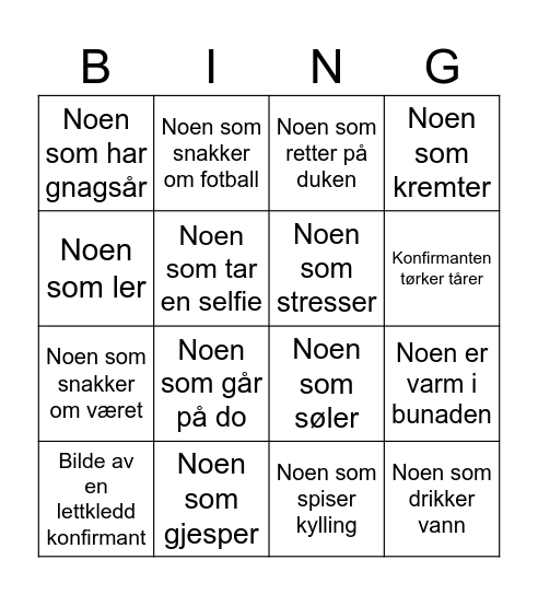 Konfirmasjon Bingo Card