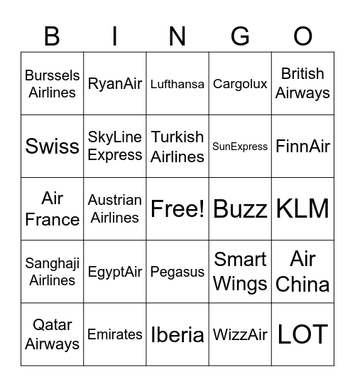Airlines BUD Bingo Card