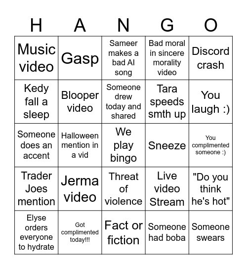 Hang Bingo Card
