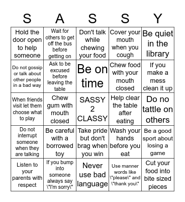 ALL ABOUT MANNERS Bingo Card