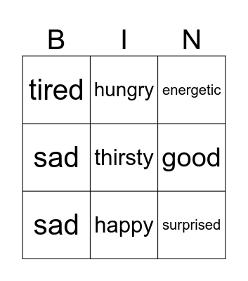 FEELINGS Bingo Card