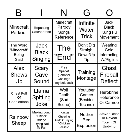 Minecraft Movie Bingo Card