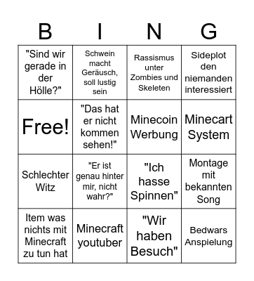 Ein Minecraft Film Bingo Card