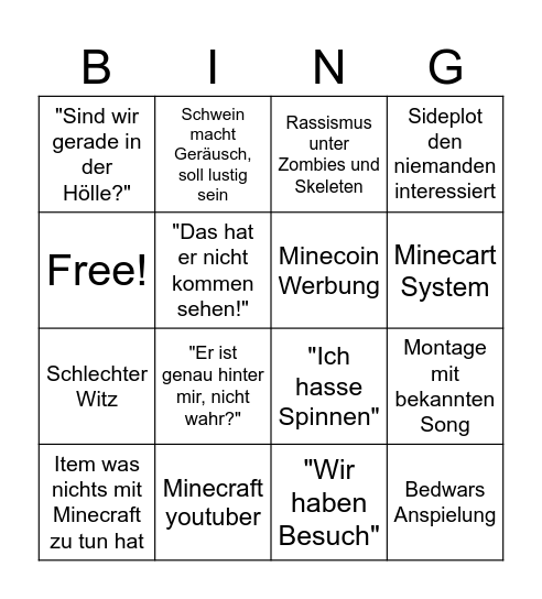 Ein Minecraft Film Bingo Card