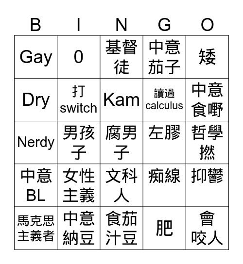 相似點bingo Card