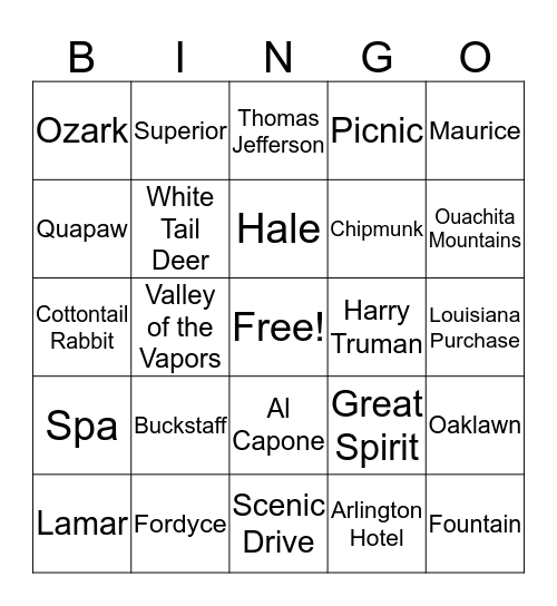 Hot Springs National Park Bingo Card
