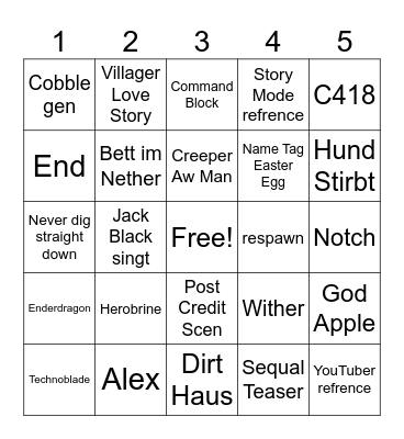Minecraft Movie Bingo Card